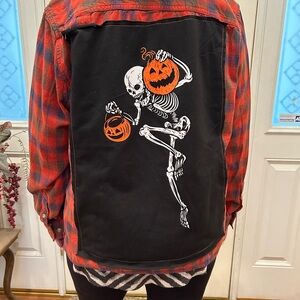 Red Orange Plaid Upcycled Flannel Halloween 🎃 Shirt Skeleton and Pumpkin Design